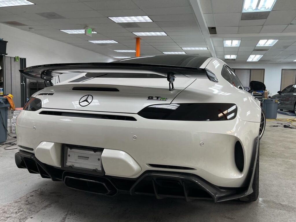 Back View: AMG GTR Pro Tint, lights tint, and emblems blacked out.