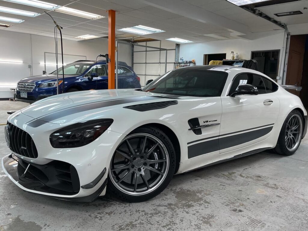 Front View: AMG GTR Pro Tint, lights tint, and emblems blacked out.